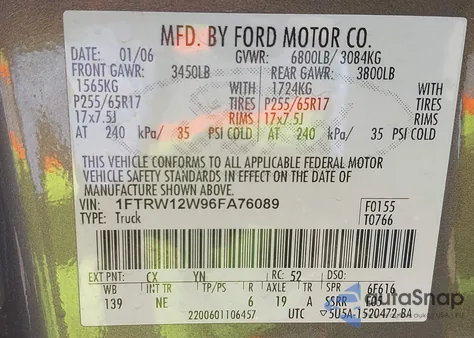 2006 Ford F-150 Xlt z USA, uszkodzony, nr VIN 1FTRW12W96FA76089